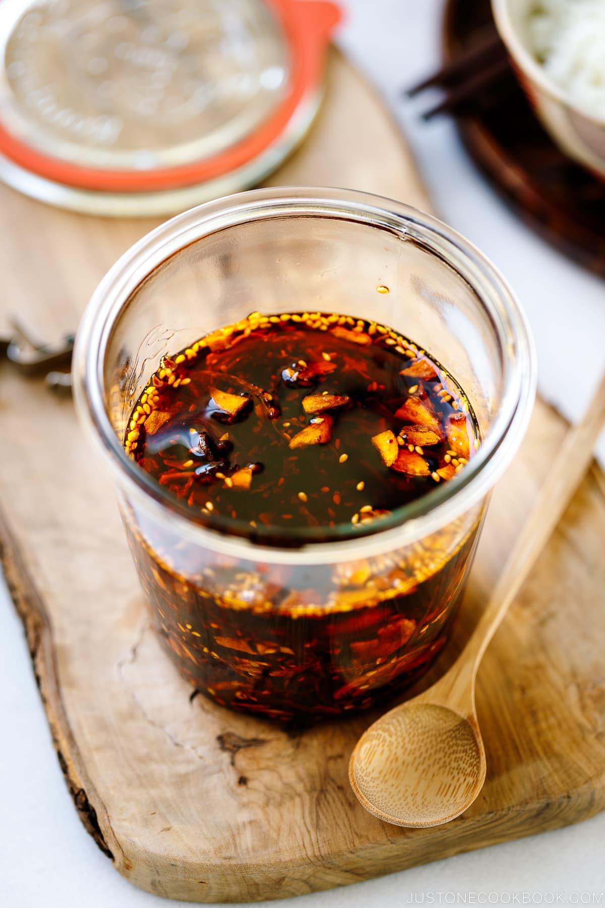 A Weck glass jar containing Crunchy Garlic Chili Oil (Taberu Rayu).