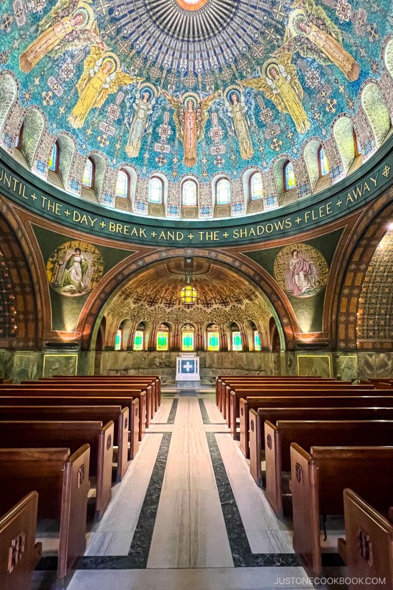altar and benches at Byzantine-style chapel at Lakewood Cemetery