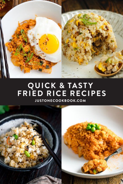 a collage of easy fried rice recipes, including chicken fried rice, kimchi fried rice, and chashu pork belly fried rice