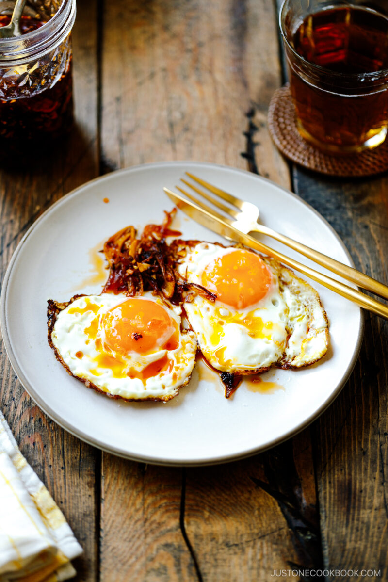 Fried eggs with homemade Crunchy Garlic Chili Oil on top.