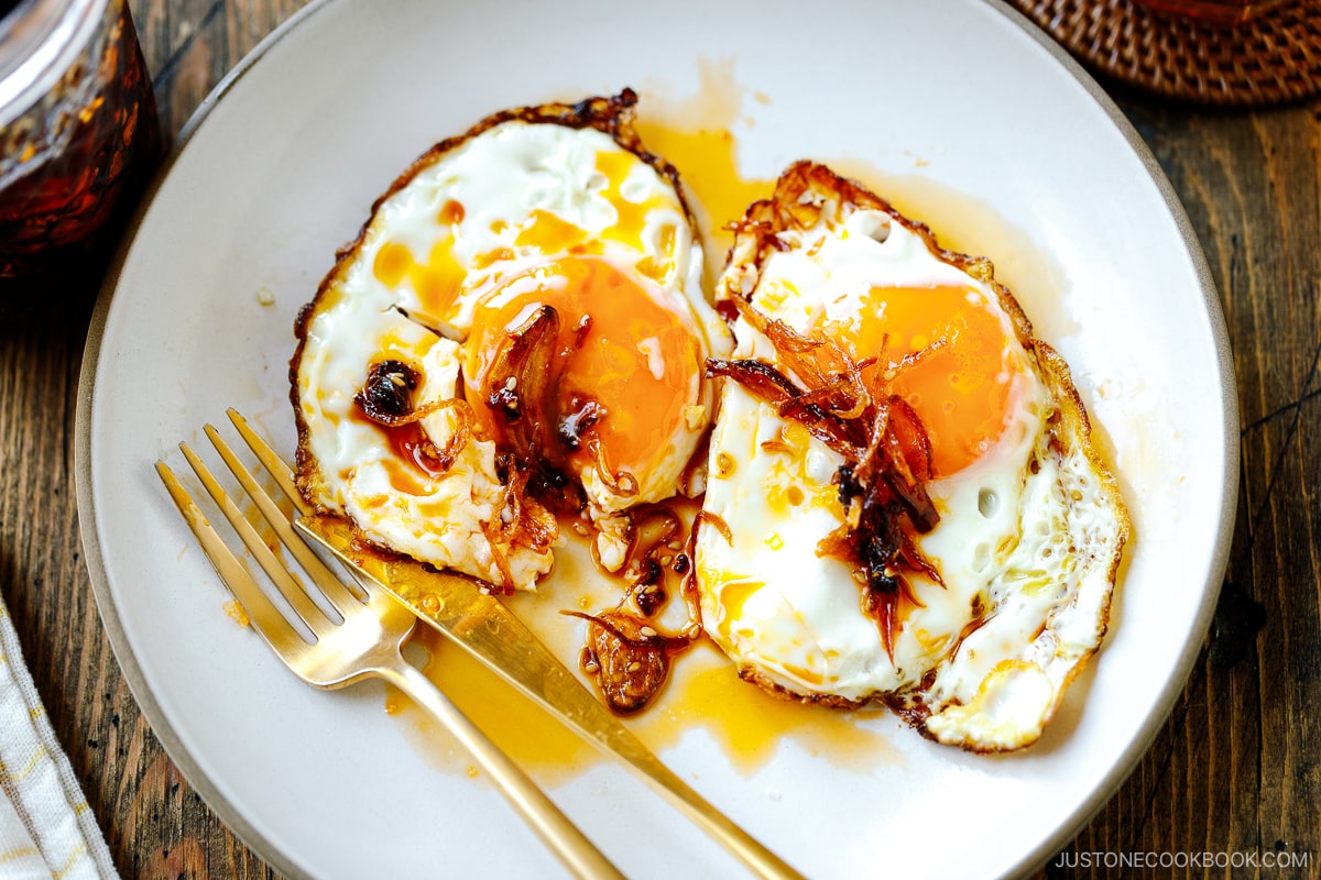 Fried eggs with homemade Crunchy Garlic Chili Oil on top.