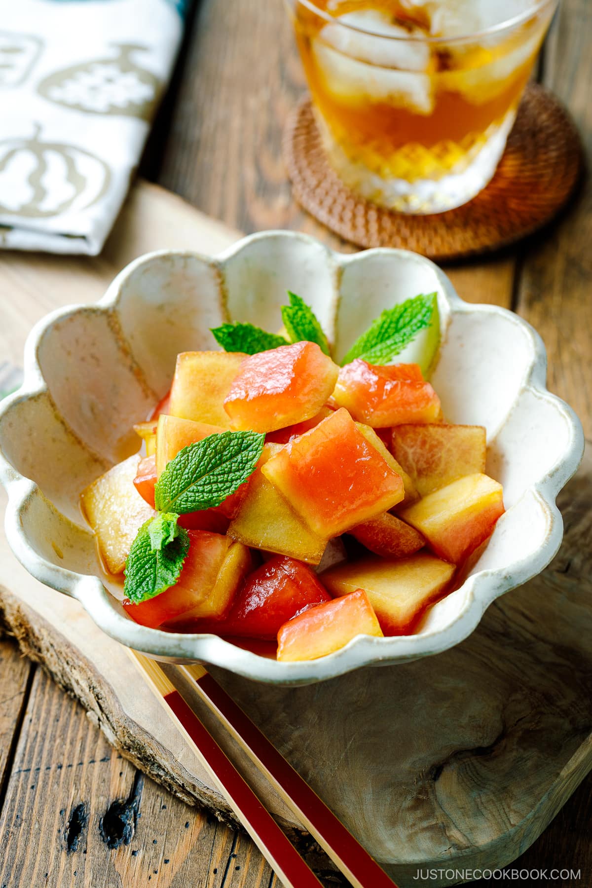 A fluted bowl containing Pickled Watermelon Rind.