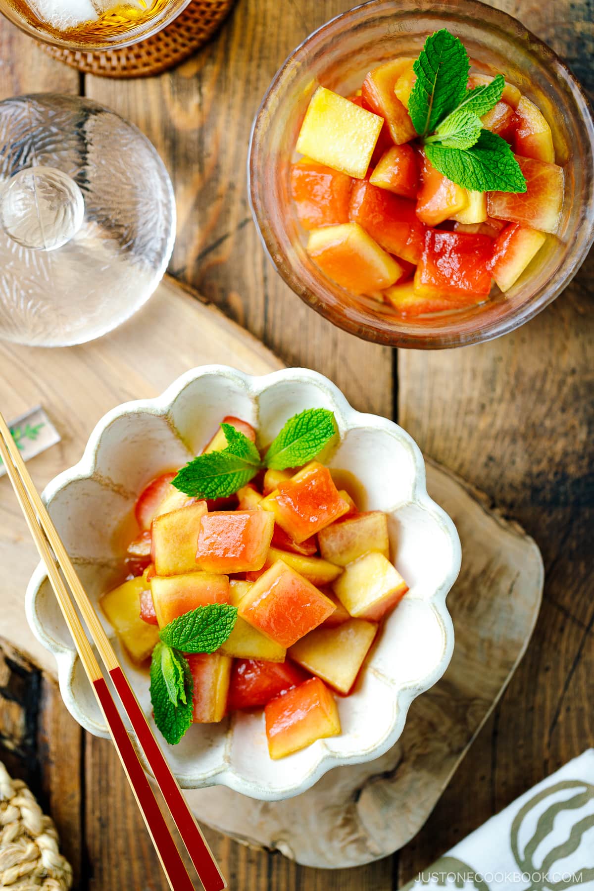 A fluted bowl containing Pickled Watermelon Rind.