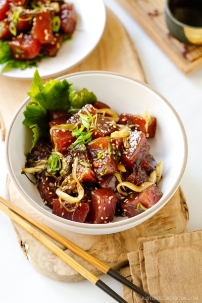 A white bowl containing Ahi Tuna Poke.