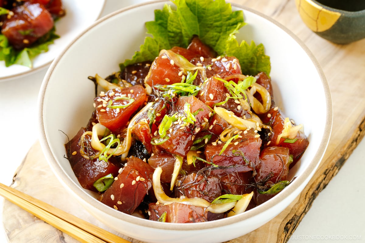 A white bowl containing Ahi Tuna Poke.