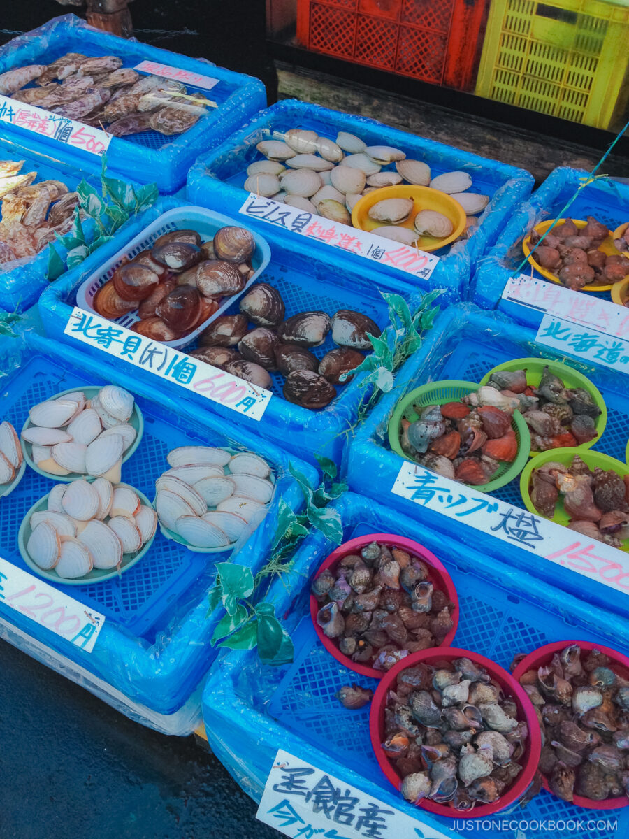 seafood in trays at Morning Market in Hakodate
