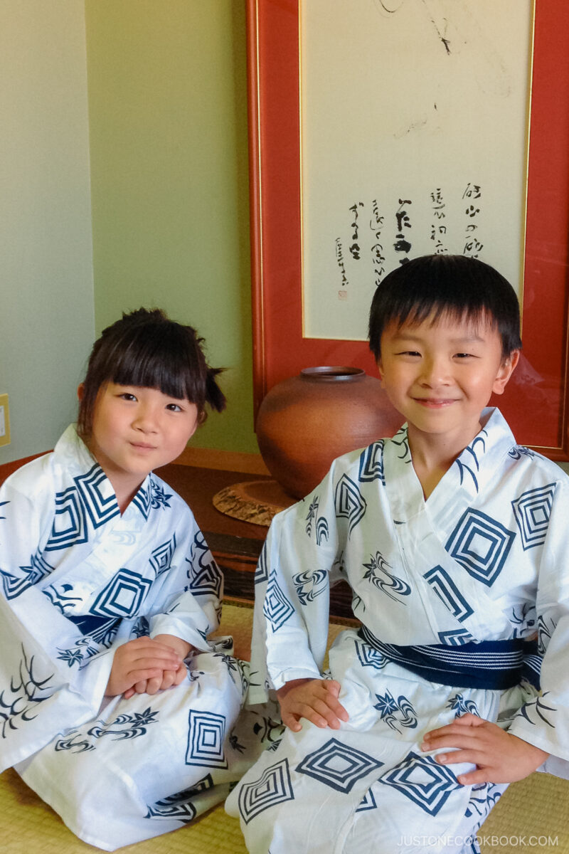 a boy and girl in yukata at a traditional hotel in Hakodate, Hokkaido