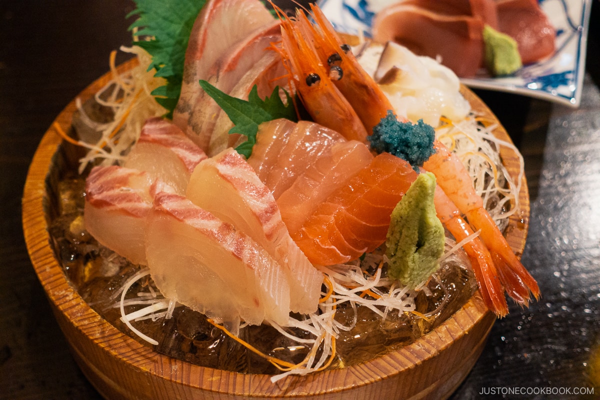 Sashimi platter with tuna, salmon, flounder, prawn and yellowtail