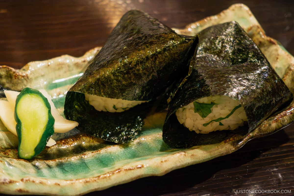 Shiso onigiri wrapped in seaweed