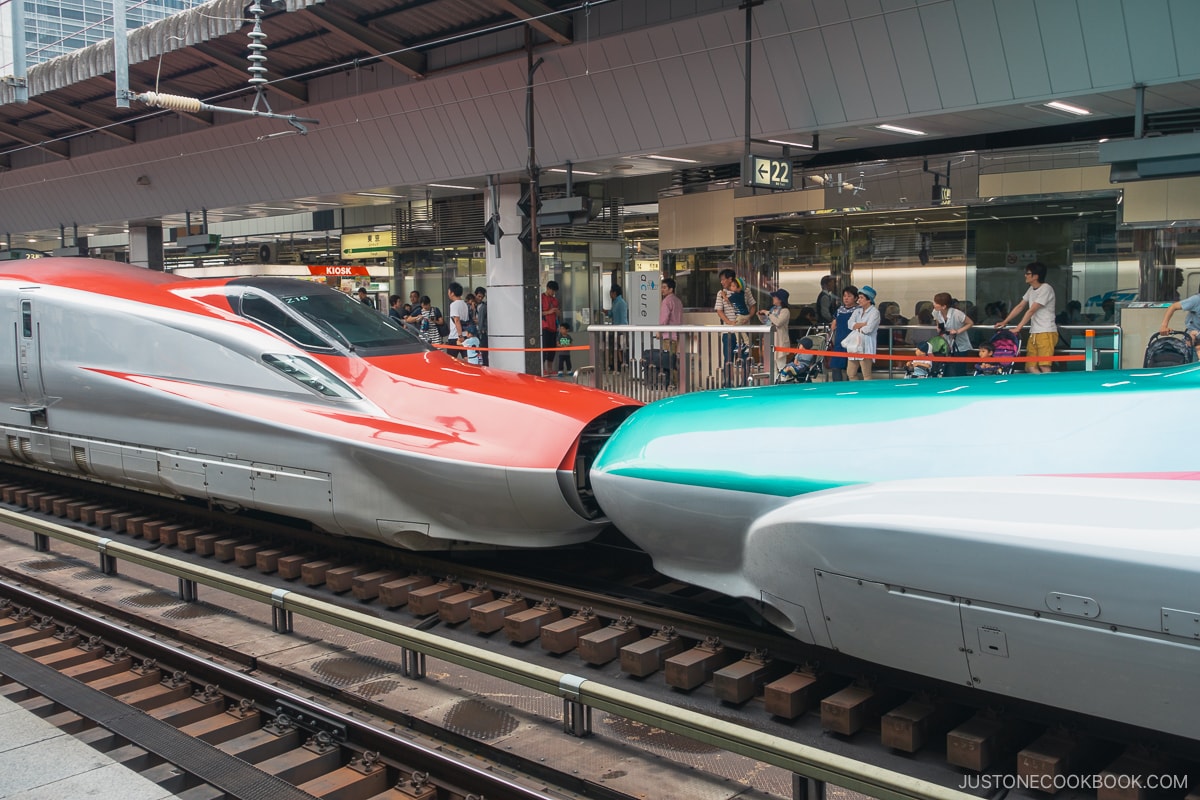 two different klinds of Shinkansen Bullet Train connecting