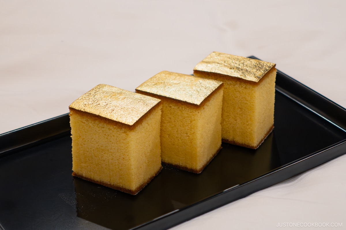 Golden Castella cake cut into three pieces