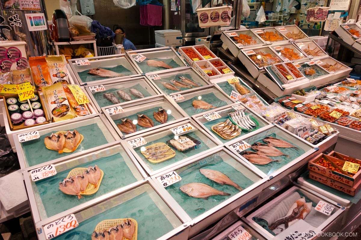 Omicho Market stalls selling fresh seafood