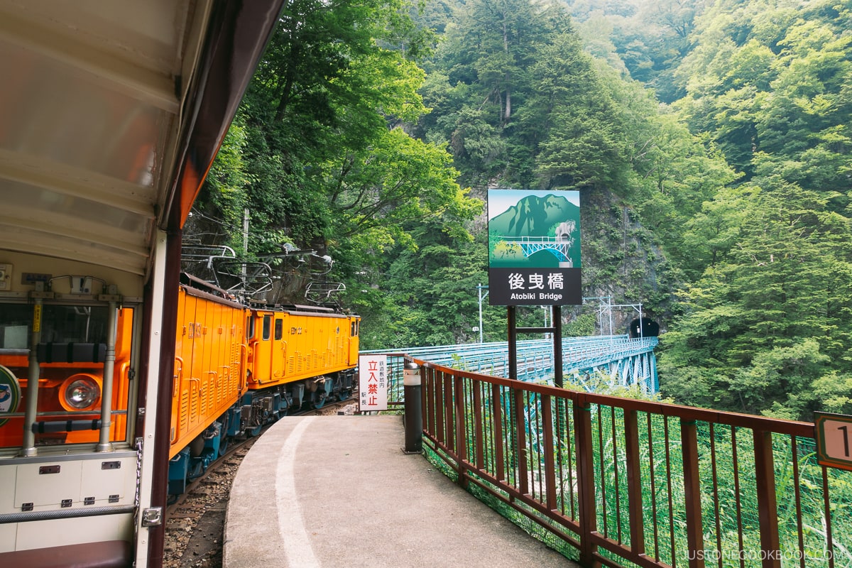 View from Kurobe Gorge Railway of Atobiki Bridge
