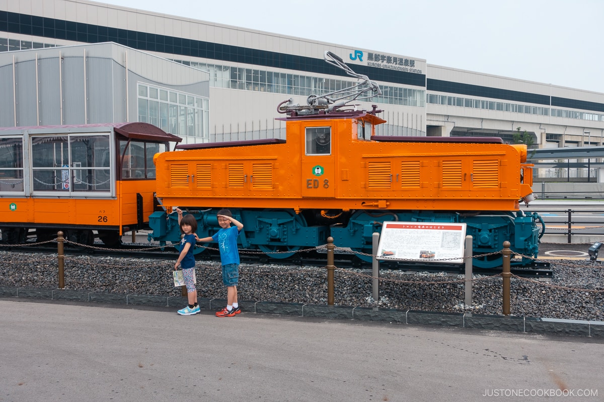 trains on display outside Toyama station