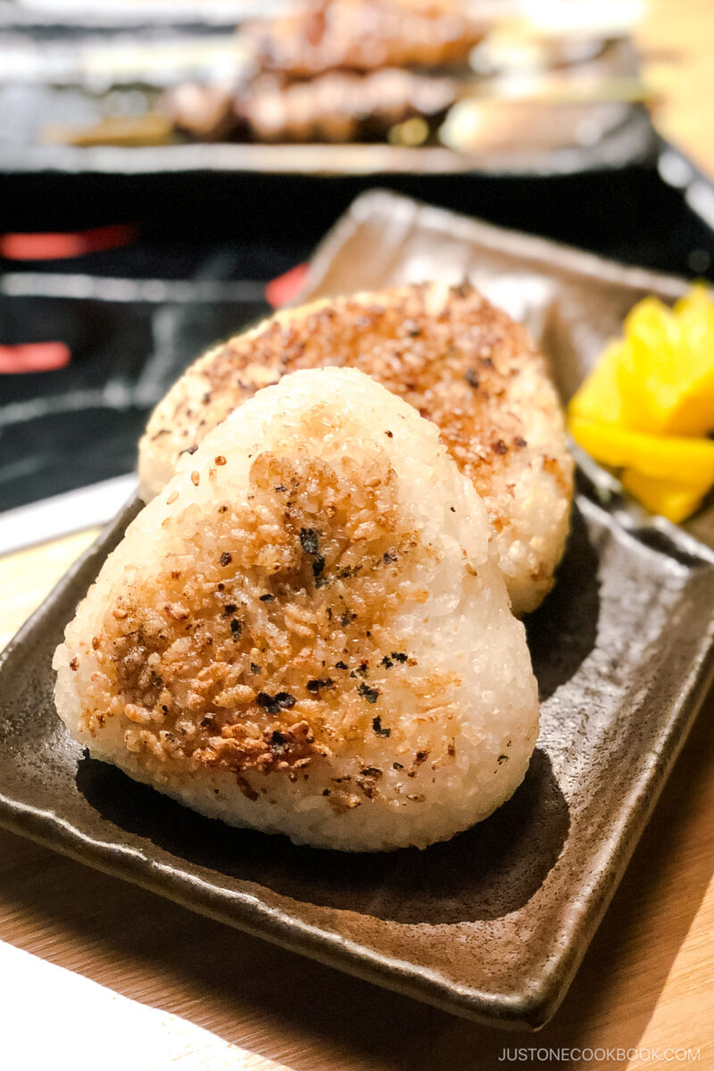 yaki-onigiri on a dark plate