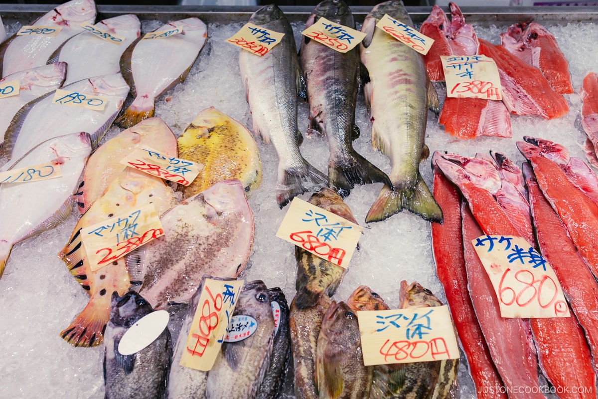 Variety of fresh seafood on the fish counter