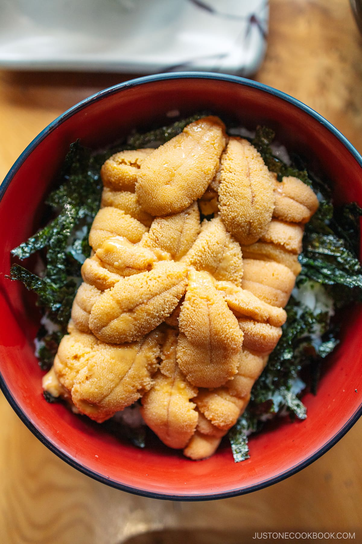 Sea urchin rice bowl from a birds-eye view