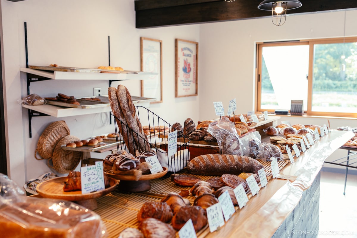 Bakery display counter with assorted breads