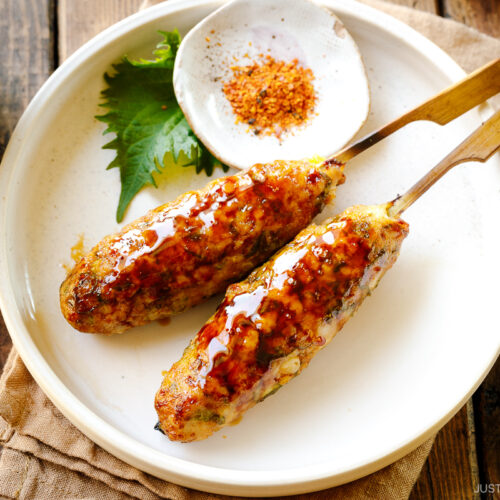 A white plate containing two skewers of Tsukune (Japanese chicken meatball) accompanied by shichimi togarashi, Japanese seven spices.
