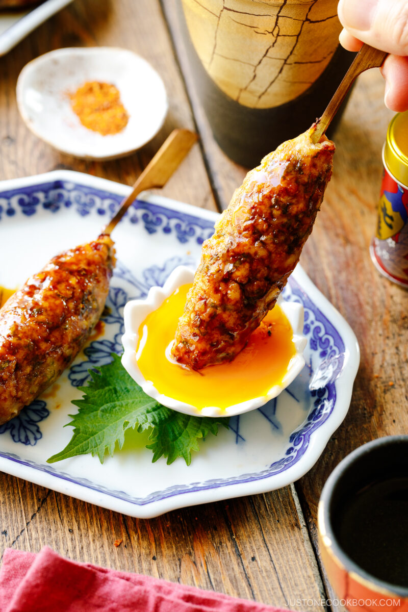 Japanese ceramic plates containing two skewers of Tsukune (Japanese chicken meatball) accompanied by shichimi togarashi, Japanese seven spices.