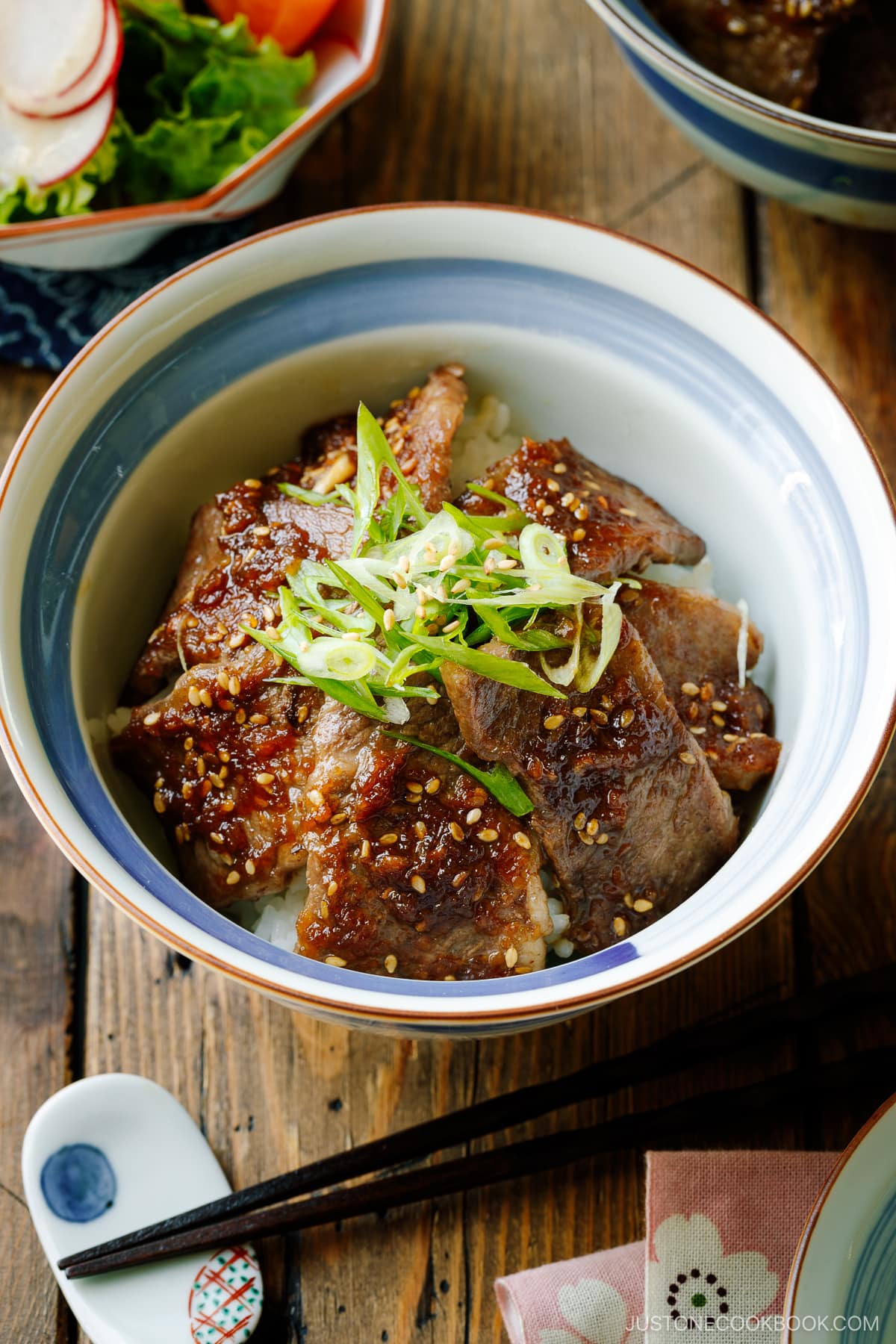 A Japanese donburi bowl containing Yakiniku Don, where pan-grilled well-marbled beef is coated with Japanese BBQ sauce and served over a bed of steamed rice.