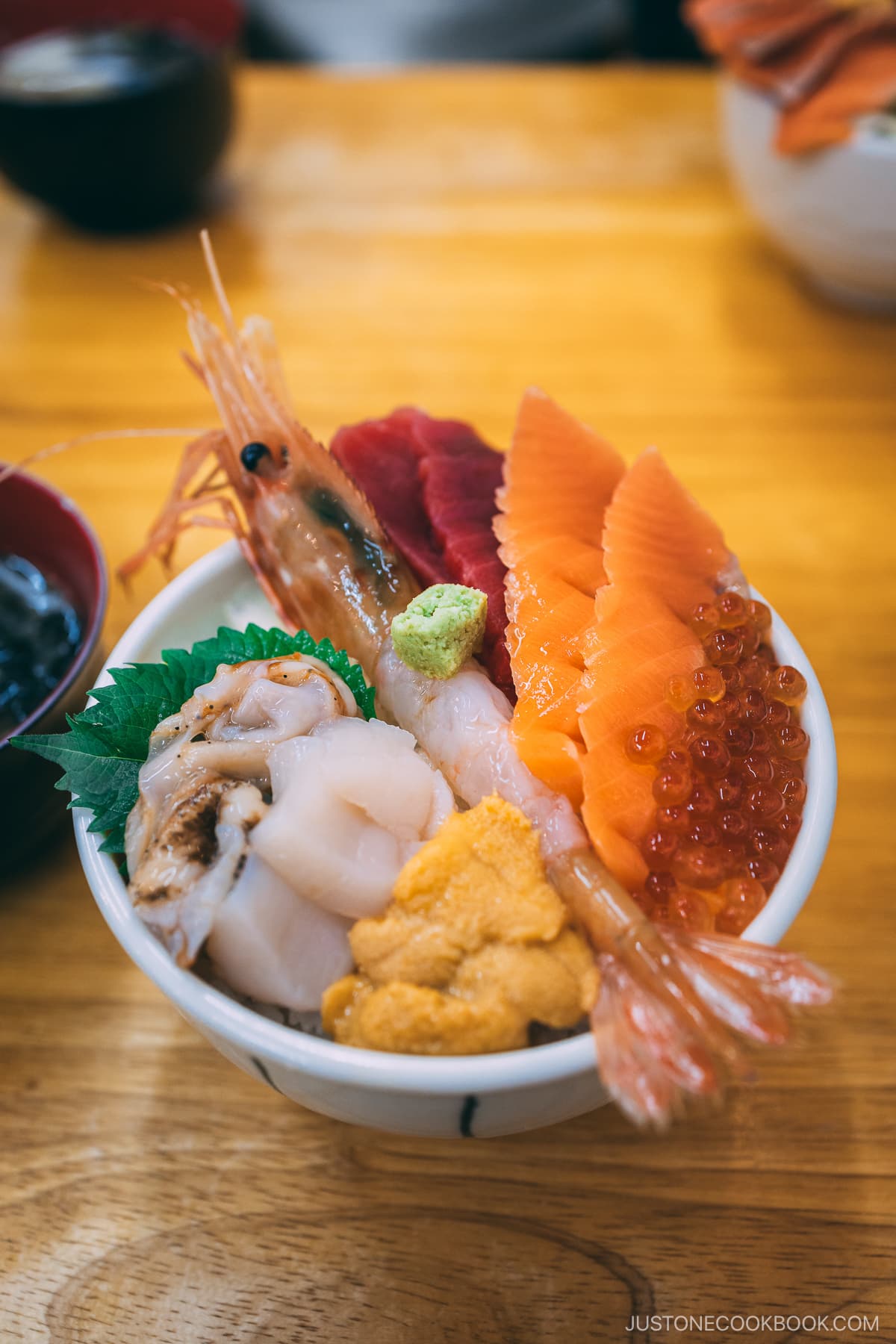 Kaisendon with assorted seafood and topped with wasabi