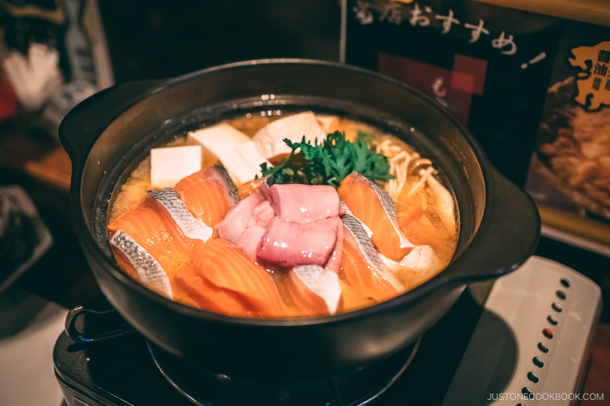 Ishikari Nabe hot pot with salmon, salmon liver and various vegetables