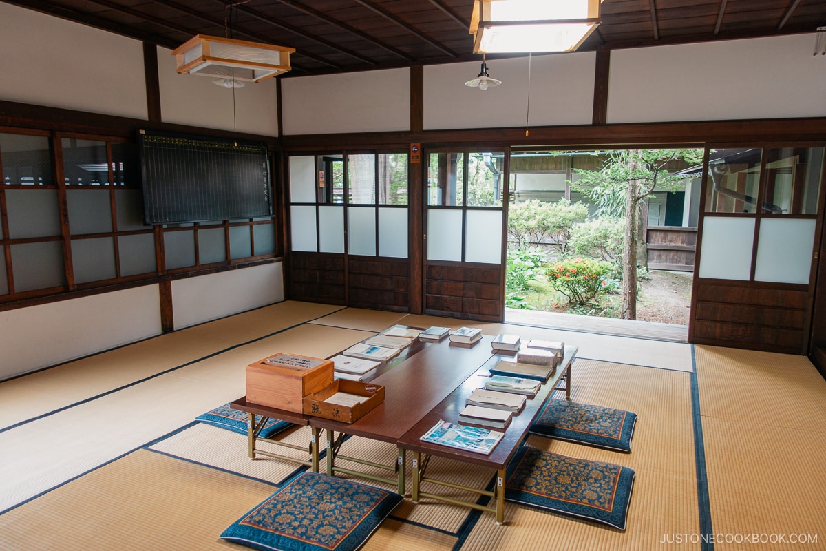 Takayama City Archives Museum interior seating with historic literature