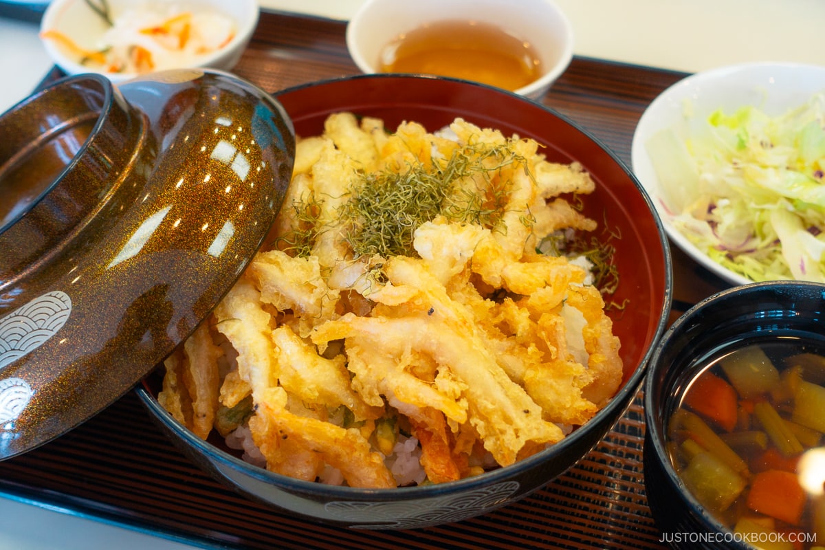 tempura white fish and shrimp on top of rice meal set