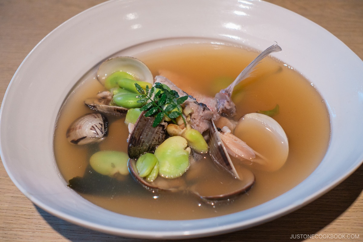 Izakaya Dai seafood soup with sea bream, fava beans and clams