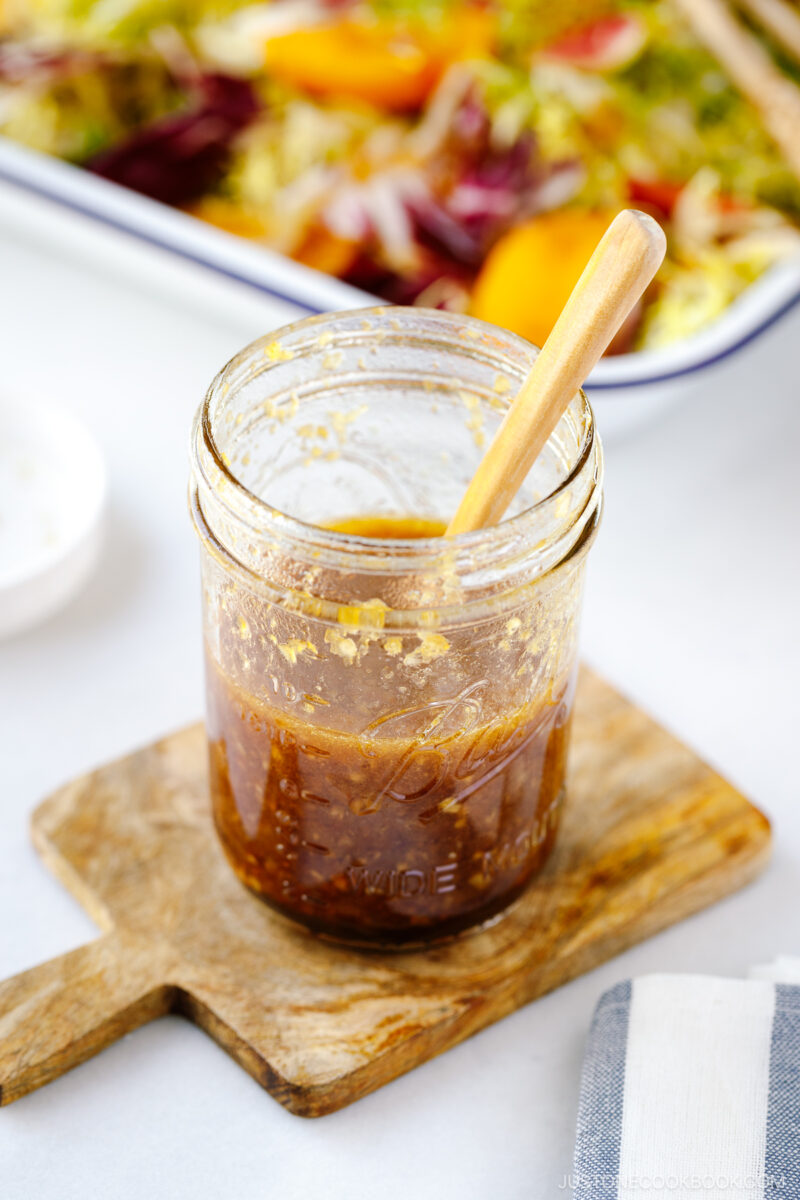 A Mason jar containing Japanese onion dressing.