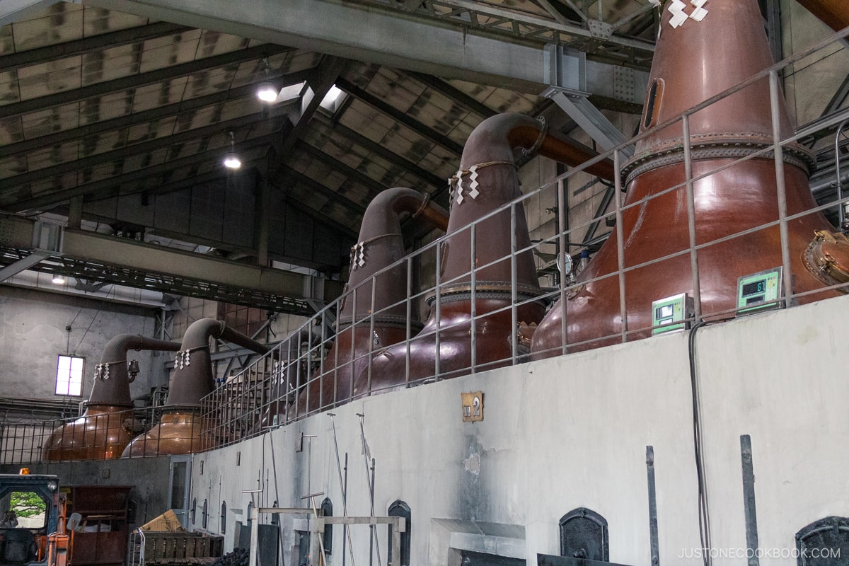 Close up of 6 distillation tanks