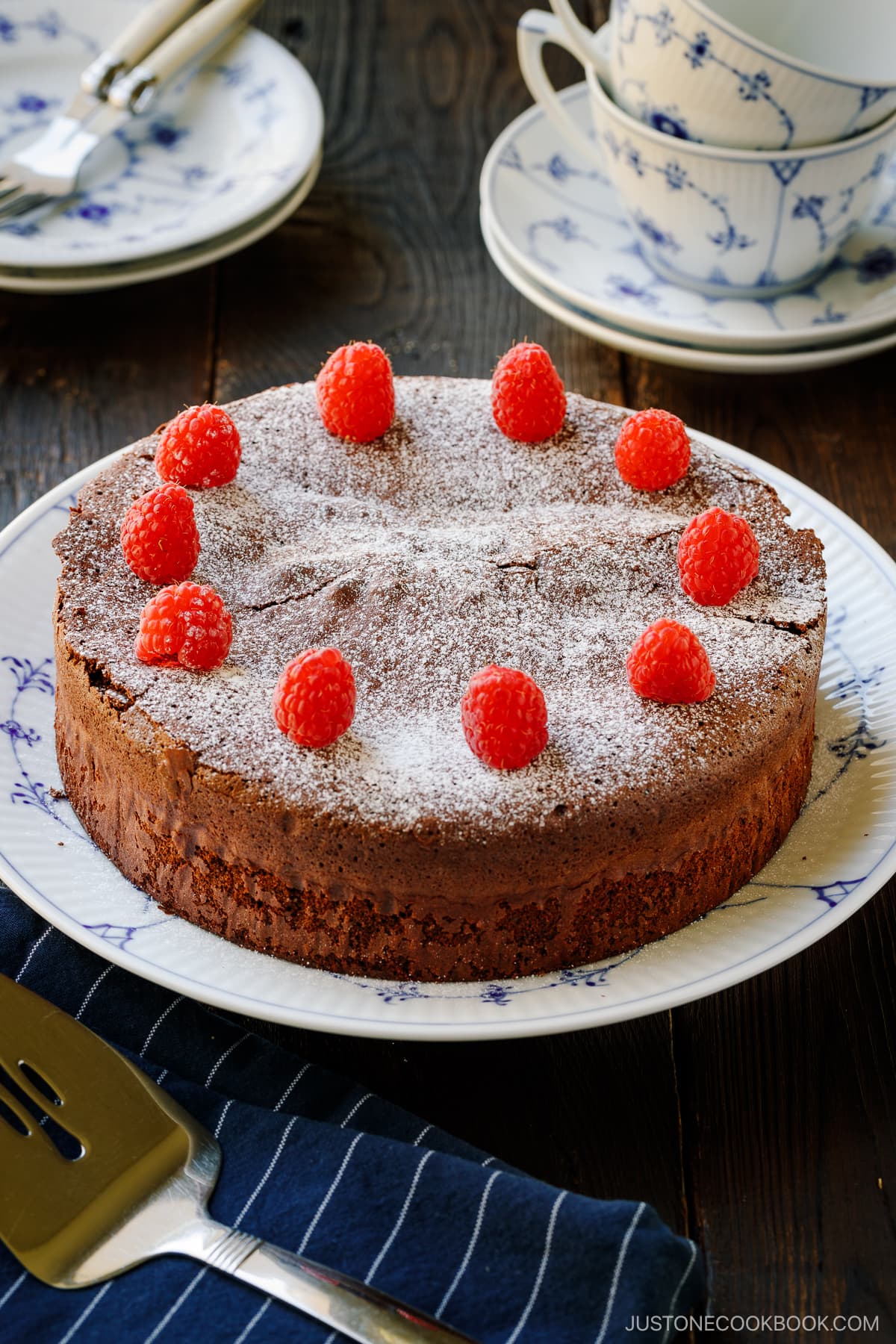 A large plate containing Chocolate Gateau (Chocolate Cake) dusted with powdered sugar and decorated with raspberries.