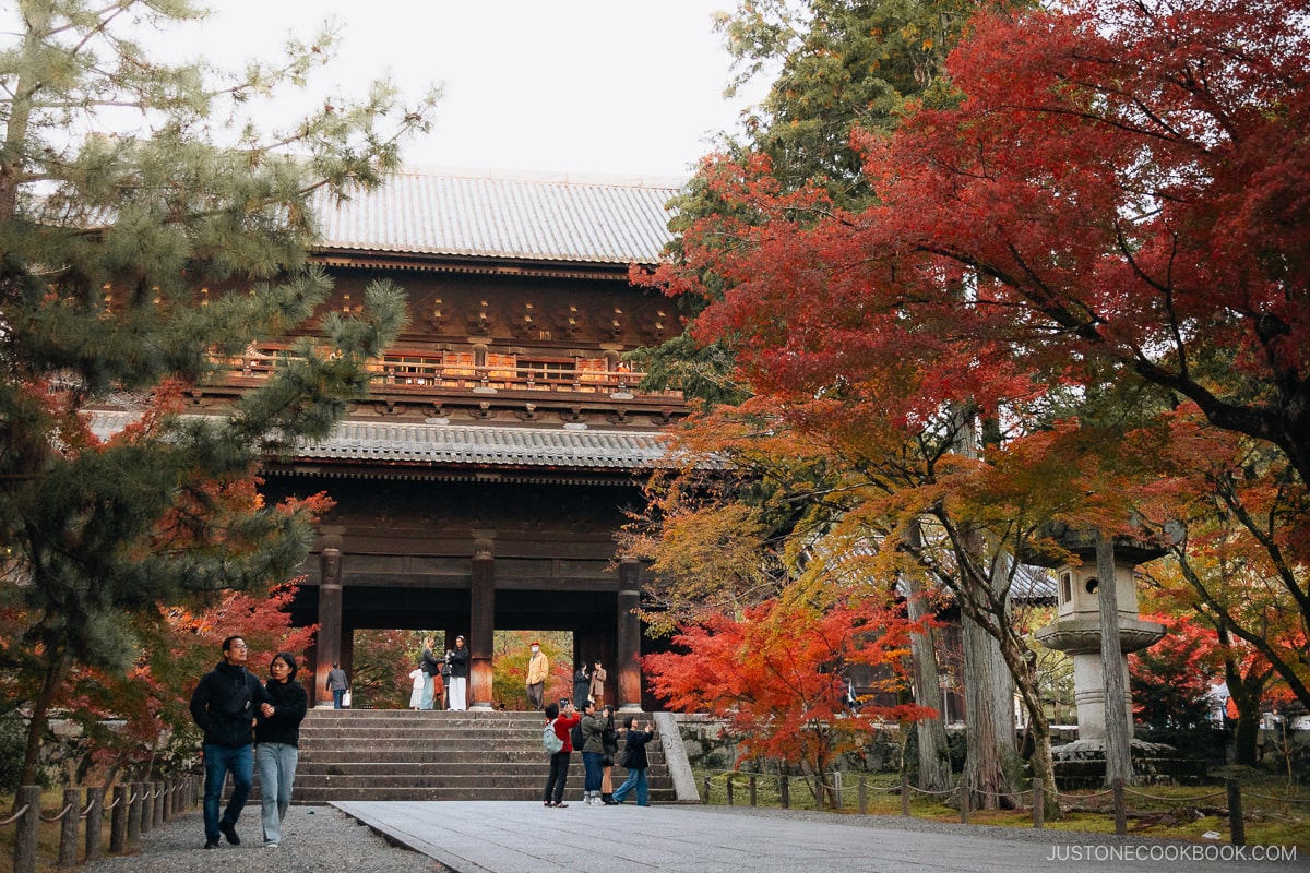 Temple entrance gate lined with colorful autumn leaves