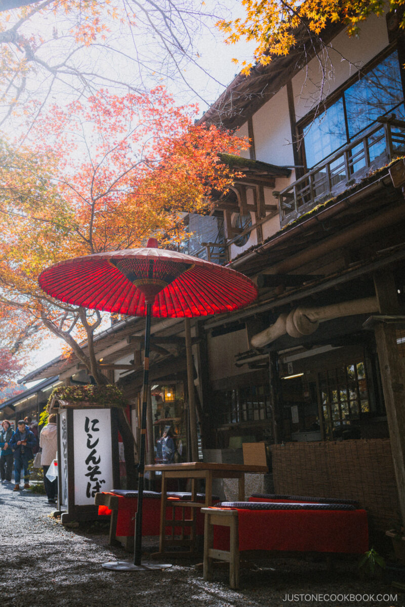 Restaurant with outdoor seating and red parasole