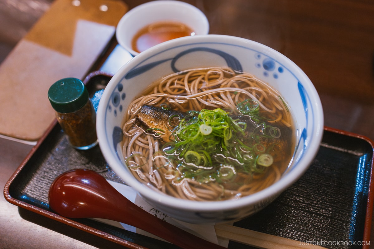 Soba noodles topped with mackarel and green onion
