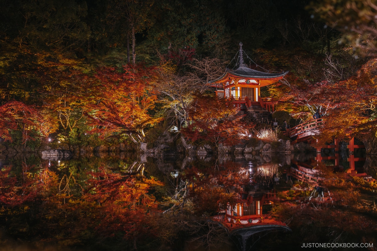 Daigo-Ji temple and autumn leaves at night