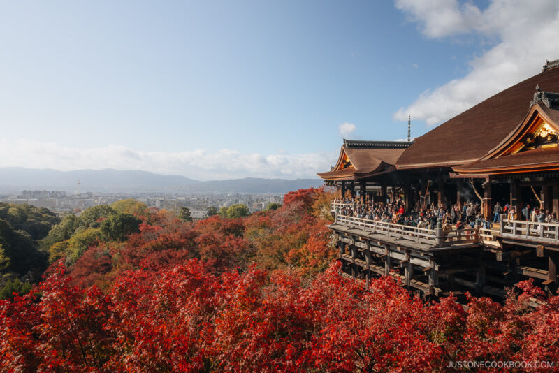 Kiyomizu-Dera Temple wooden terrace overlooking autumn leaves and Kyoto city