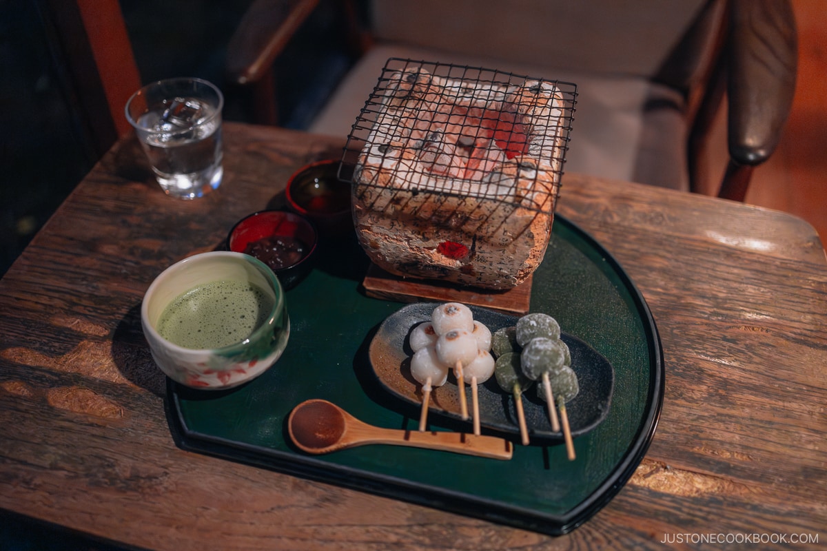 Dango and matcha set with potrable charcoal grill