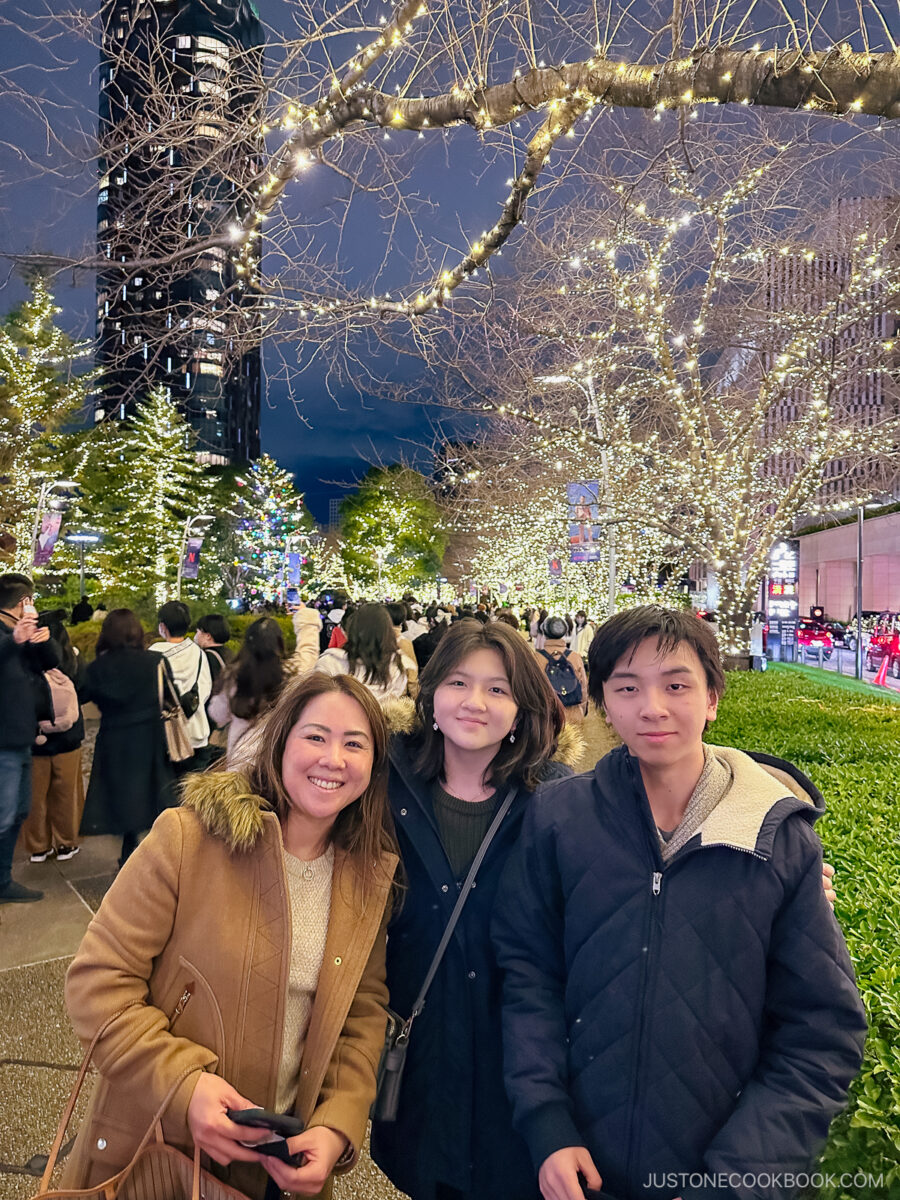 Family photo in front of illuminated trees