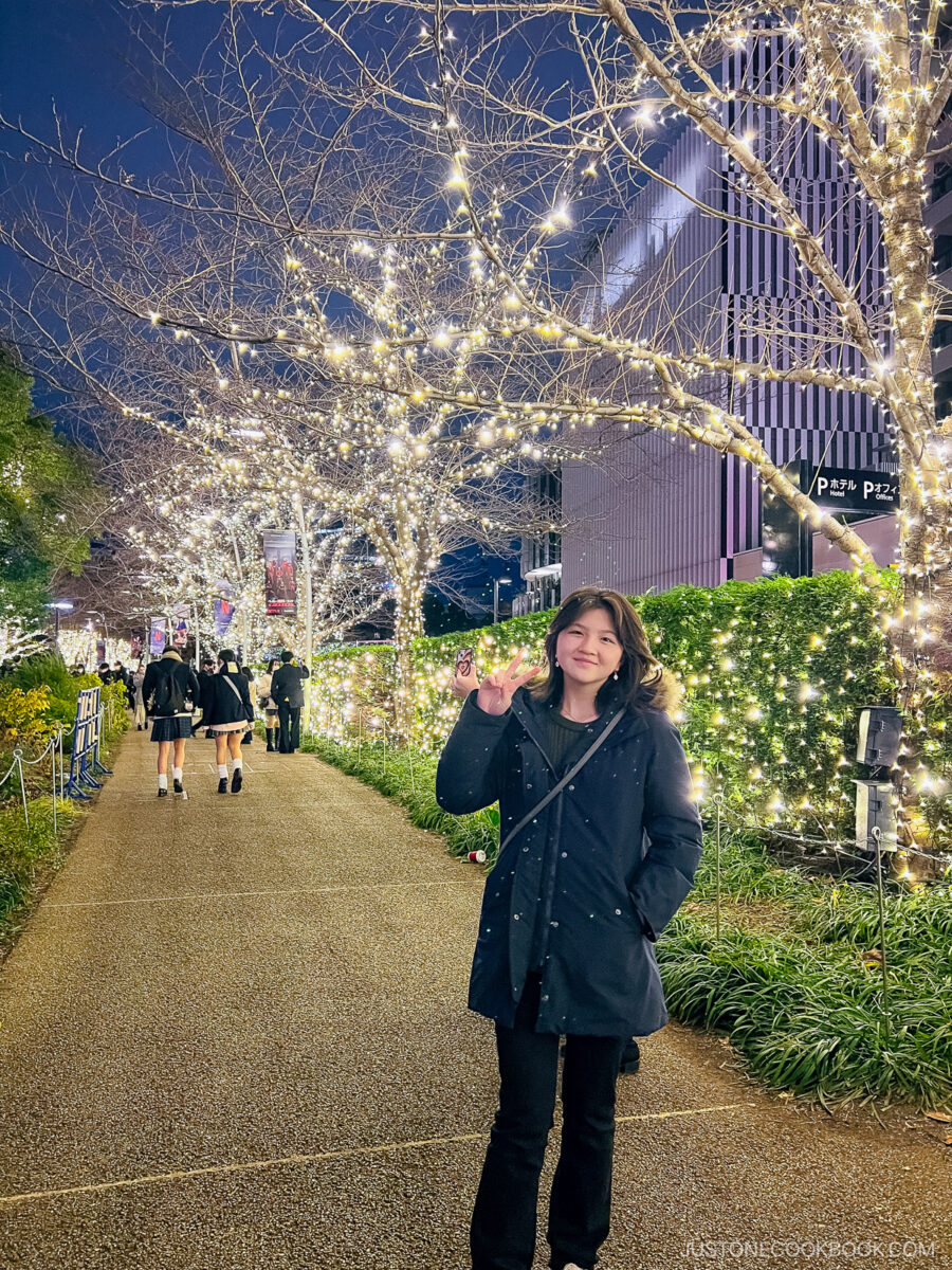 Family photo in front of illuminated trees