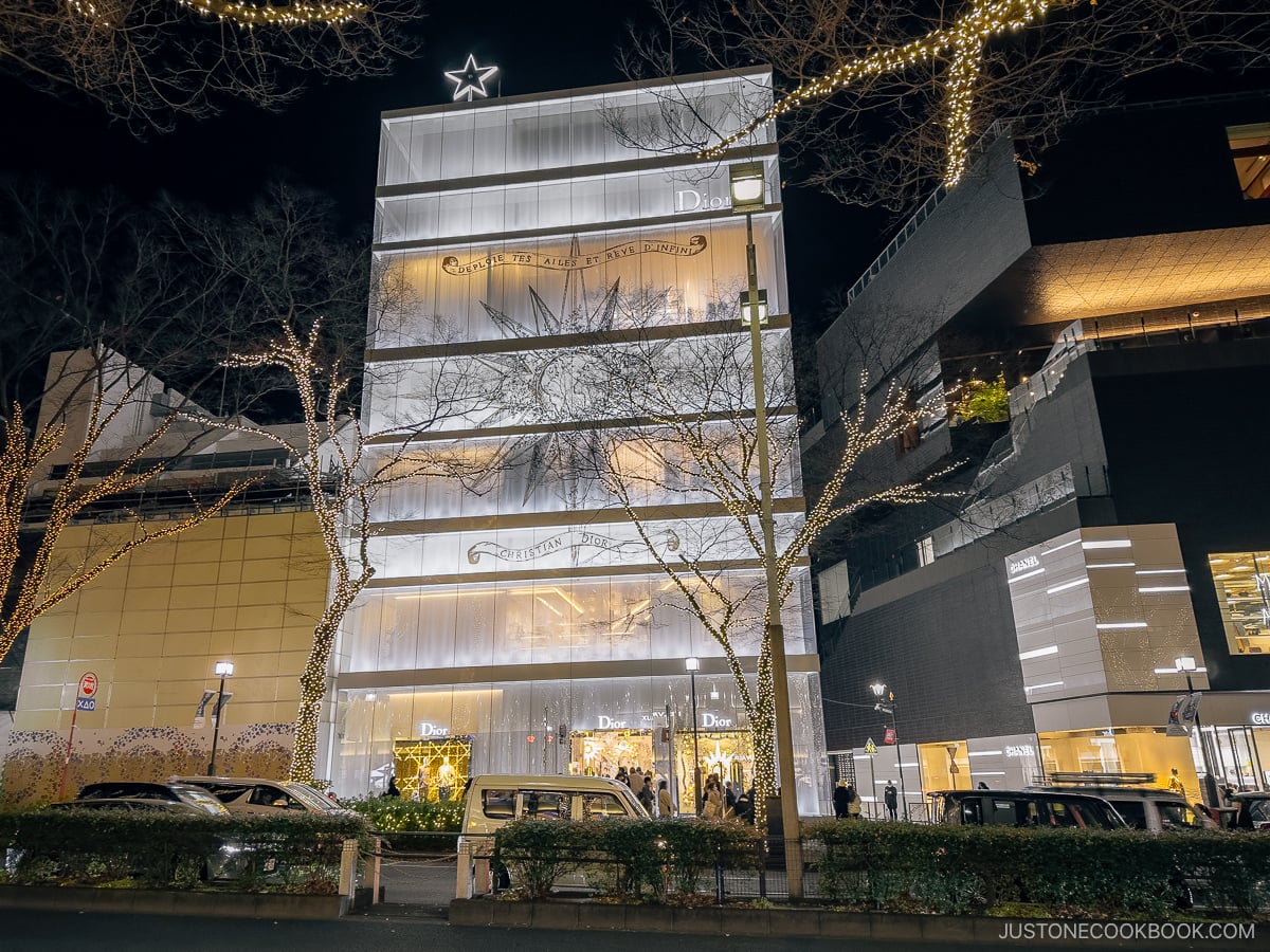 Tree illuminations in front of glass Dior building