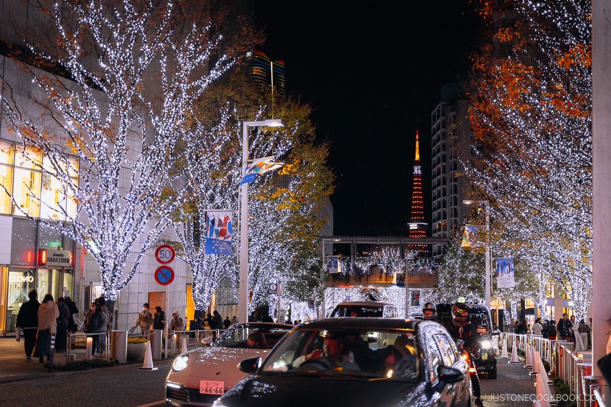 Overlooking a road lined with illuminated trees and Tokyo Tower in the background