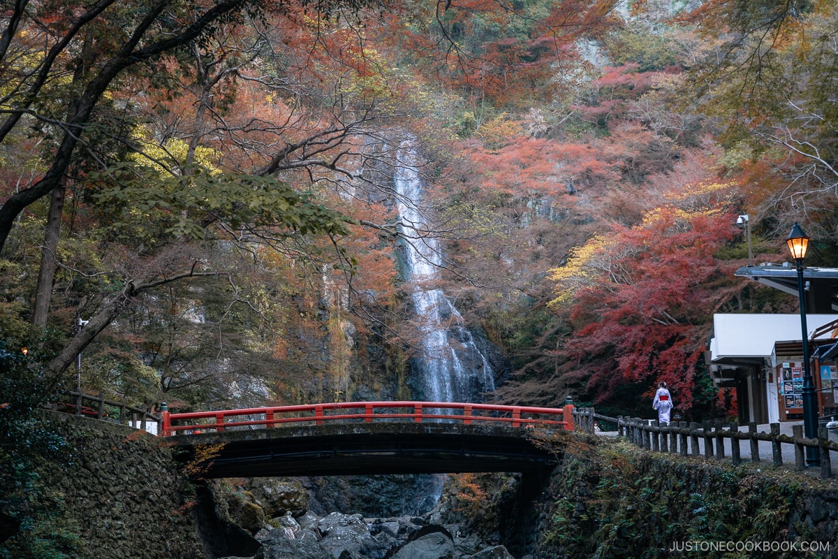 Waterfall with red bridge in the foreground and woman walking dressed in a kimono