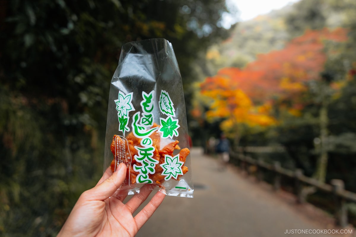 Bag with maple leave tempura snacks