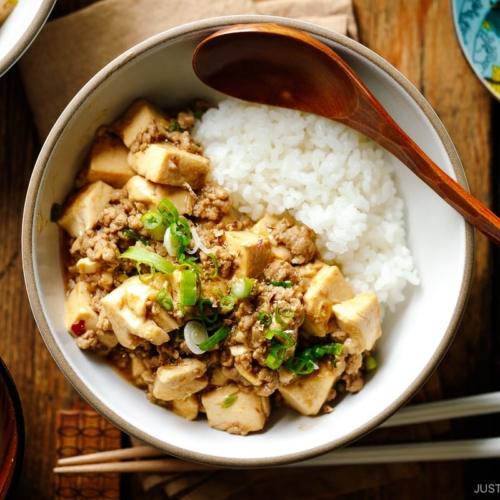 A bowl containing mapo tofu over steamed rice.