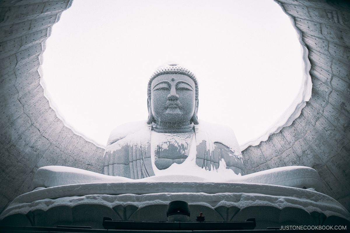 Buddha covered in snow during winter