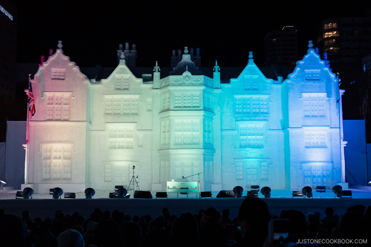 Illumination on a snow house sculpture at Sapporo Snow Festival