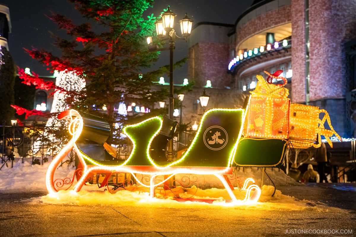 Sled covered in illuminations at Shiroi Koibito Park