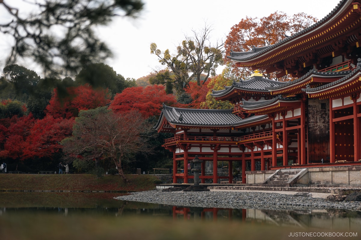 Temple surrounded by a moat and autumn leaves